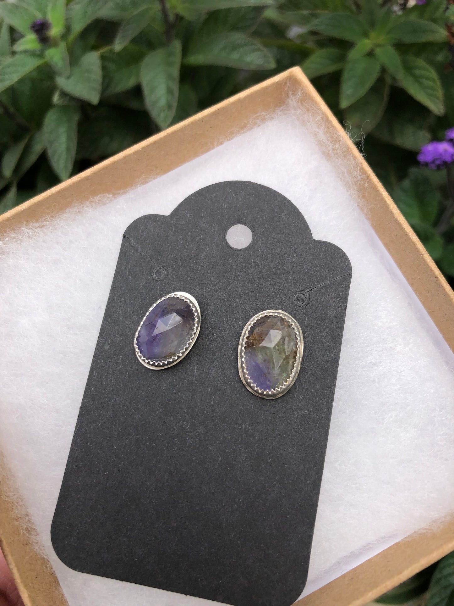 Purple and green tanzanite mismatched stud earrings handmade in sterling silver