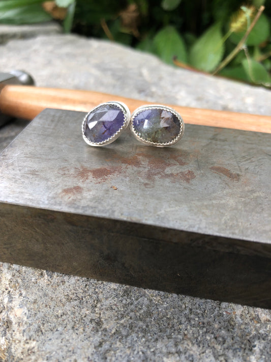 Purple and green tanzanite mismatched stud earrings handmade in sterling silver