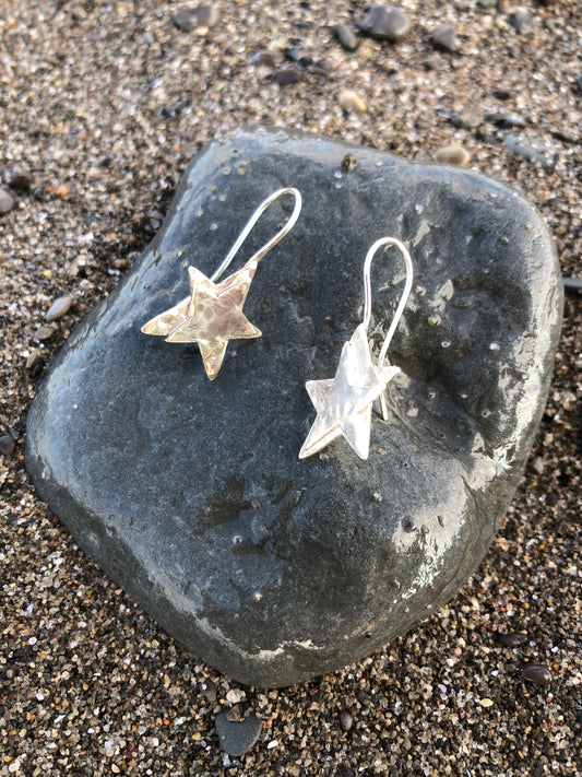 Spangly hammered silver star earrings