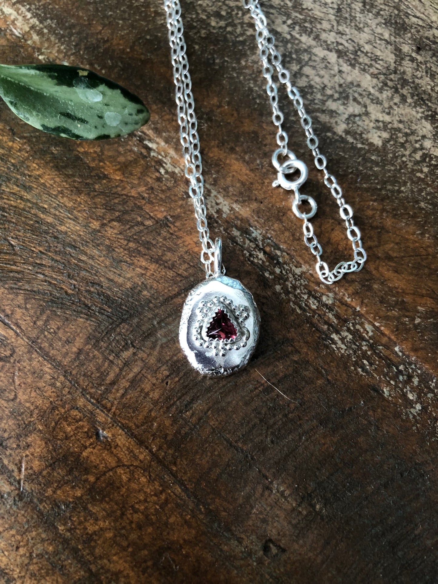 Silver Nugget Charm Necklace with Pink Tourmaline Gemstone