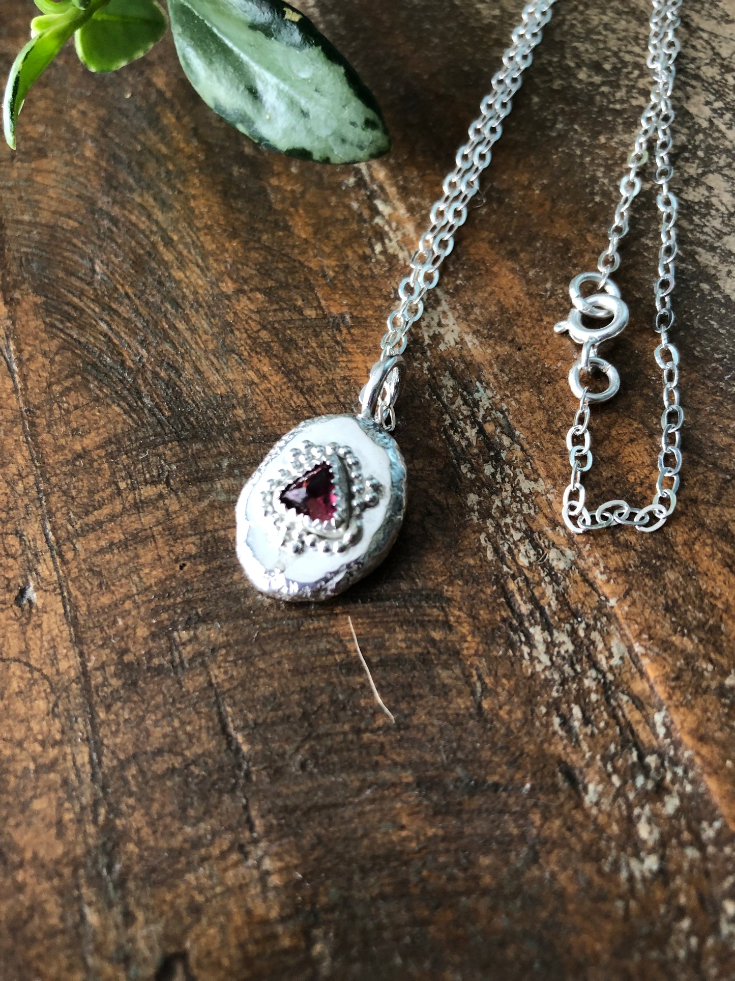 Silver Nugget Charm Necklace with Pink Tourmaline Gemstone