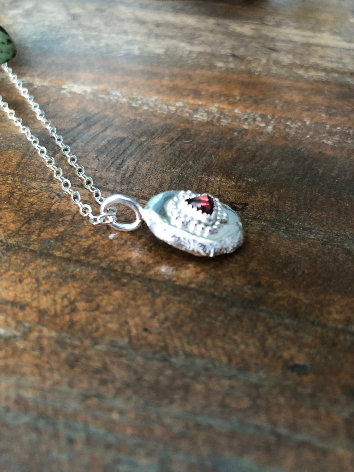 Silver Nugget Charm Necklace with Pink Tourmaline Gemstone